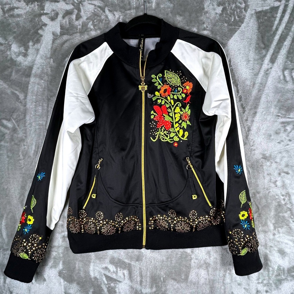 Akademiks XL Black White Floral Embroidered Studded Track Jacket Bee Zipper